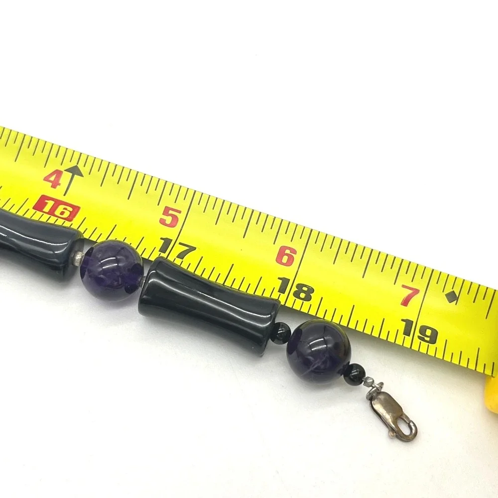 Vintage Black Onyx Amethyst Beaded Necklace Sterling Silver 925 Clasp 19 Inch